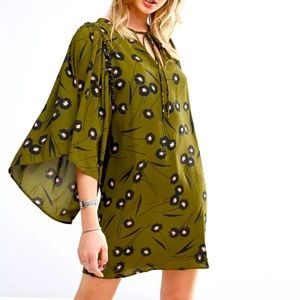 Mango flute sleeve green printed smock dress. Size S